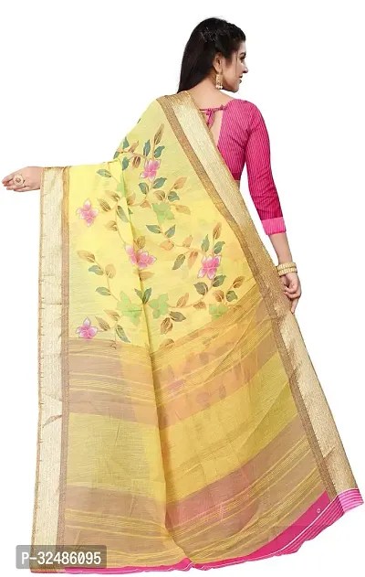 Elegant Yellow Cotton Linen Printed Saree With Blouse Piece For Women Pack Of 1-thumb4