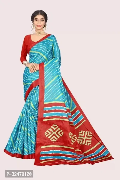 Beautiful Blue Cotton Blend Printed Saree With Blouse Piece For Women-thumb0