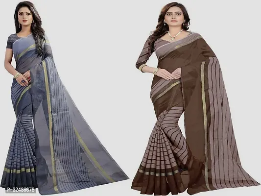 Beautiful Multicoloured Cotton Blend Striped Saree With Blouse Piece For Women Pack Of 2