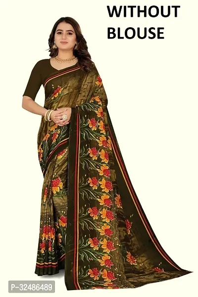 Beautiful Georgette Brown Printed Saree Without Blouse Piece For Women-thumb0