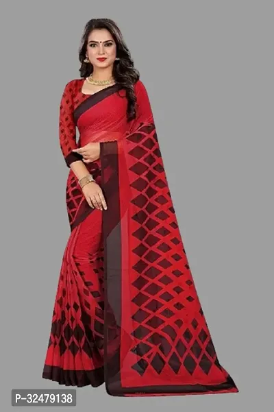 Beautiful Red Georgette Printed Saree With Blouse Piece For Women