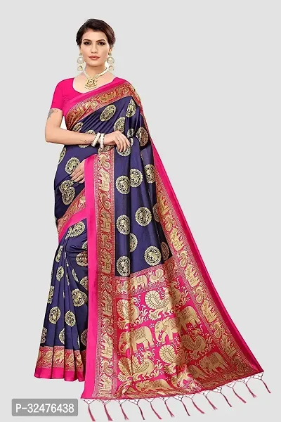 Elegant Navy Blue Art Silk Self Pattern Saree With Blouse Piece For Women-thumb0