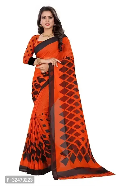 Beautiful Orange Georgette Printed Saree With Blouse Piece For Women-thumb0