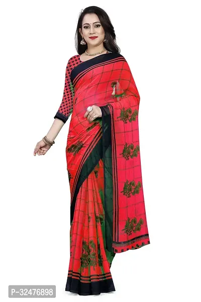 Beautiful Red Georgette Checked Saree With Blouse Piece For Women