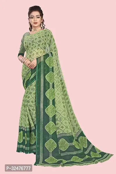 Beautiful Light Green Georgette Printed Saree With Blouse Piece For Women-thumb0