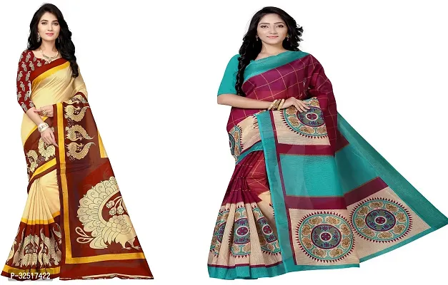 Beautiful Multicoloured Silk Blend Printed Saree With Blouse Piece For Women Pack Of 2-thumb0