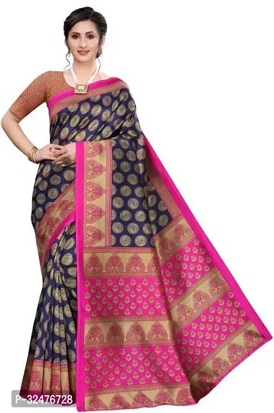 Beautiful Navy Blue Art Silk Printed Saree With Blouse Piece For Women-thumb2