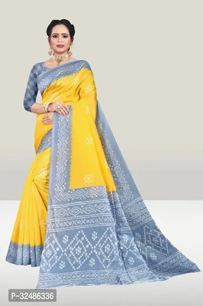 Beautiful Silk Blend Yellow Printed Saree With Blouse Piece For Women-thumb0