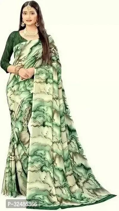 Beautiful Georgette Green Printed Saree With Blouse Piece For Women