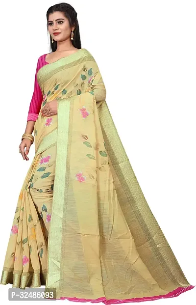 Elegant Beige Cotton Linen Printed Saree With Blouse Piece For Women Pack Of 1-thumb2