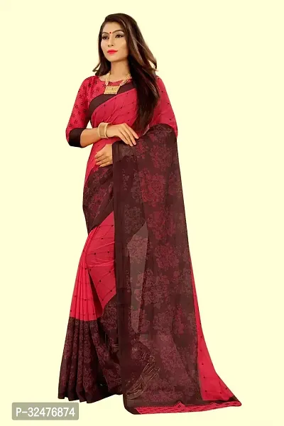 Beautiful Maroon Georgette Printed Saree With Blouse Piece For Women-thumb0