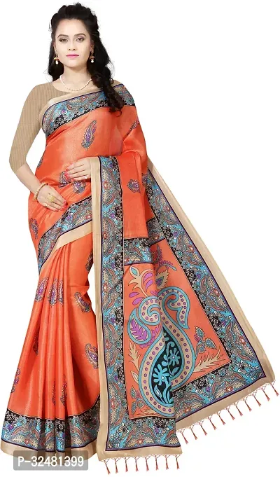 Elegant Orange Silk Blend Saree with Blouse piece For Women-thumb0