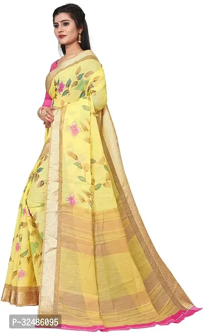 Elegant Yellow Cotton Linen Printed Saree With Blouse Piece For Women Pack Of 1-thumb2