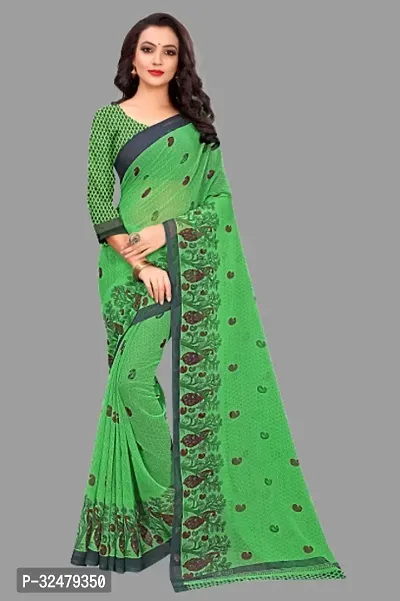 Beautiful Green Georgette Printed Saree With Blouse Piece For Women-thumb0