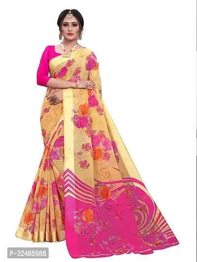 Elegant Pink Cotton Linen Printed Saree With Blouse Piece For Women Pack Of 1