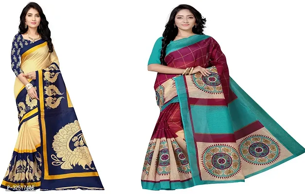 Beautiful Multicoloured Silk Blend Printed Saree With Blouse Piece For Women Pack Of 2-thumb0