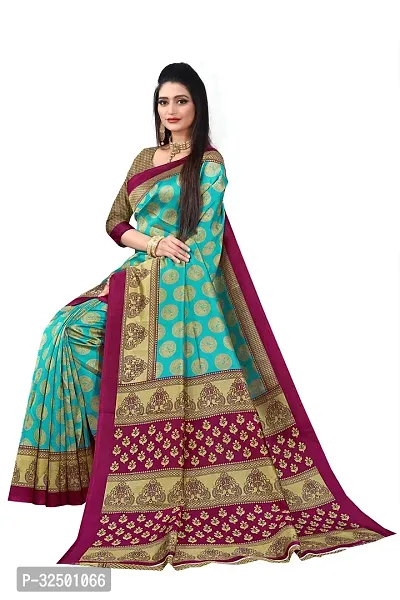 Stylish Turquoise Silk Blend Printed Saree with Blouse piece For Women-thumb5