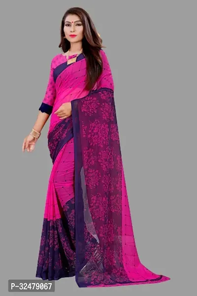 Beautiful Pink Georgette Printed Saree With Blouse Piece For Women-thumb0