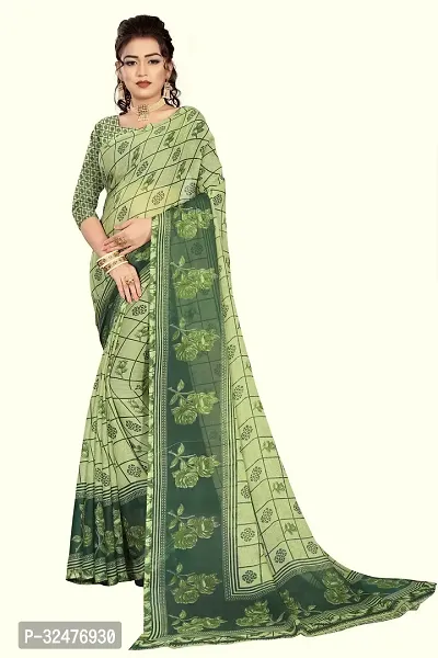 Beautiful Green Georgette Printed Saree With Blouse Piece For Women-thumb0