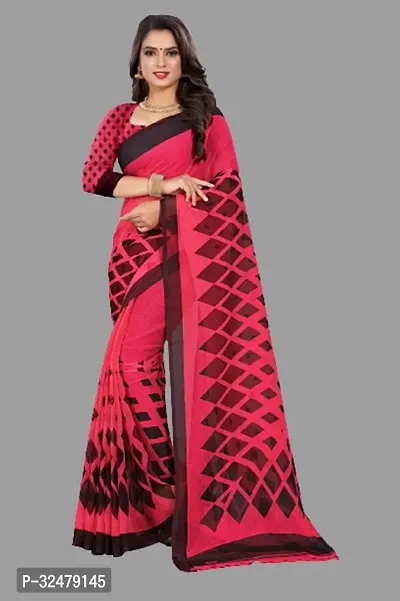 Beautiful Pink Georgette Printed Saree With Blouse Piece For Women-thumb0