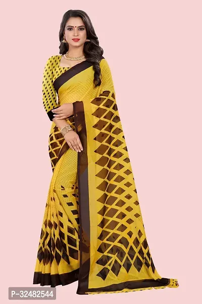 Stylish Yellow Georgette Printed Saree with Blouse piece For Women-thumb0