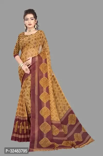 Stylish Yellow Georgette Printed Saree with Blouse piece For Women-thumb0