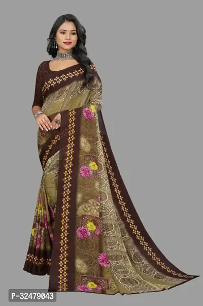 Beautiful Brown Georgette Printed Saree With Blouse Piece For Women-thumb0