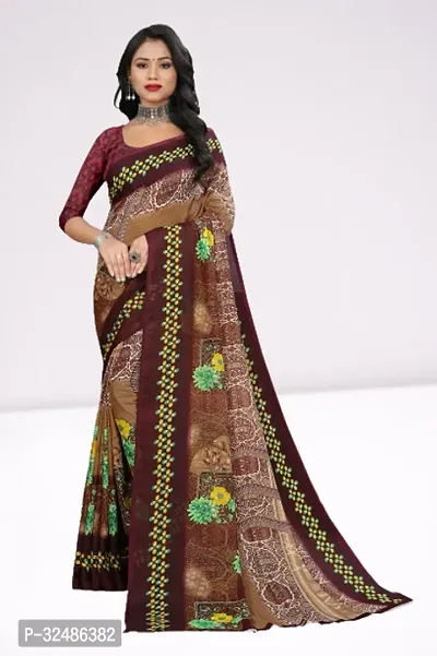 Beautiful Georgette Brown Printed Saree With Blouse Piece For Women