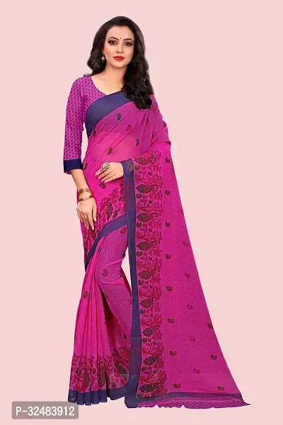 Stylish Pink Georgette Printed Saree with Blouse piece For Women-thumb0