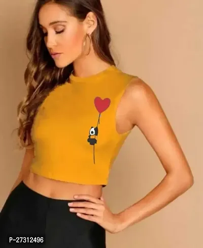 Elegant Yellow Cotton Blend Printed Crop Top For Women-thumb0