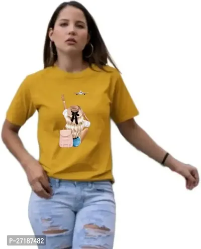 Elegant Yellow Cotton Blend Printed Tshirt For Women