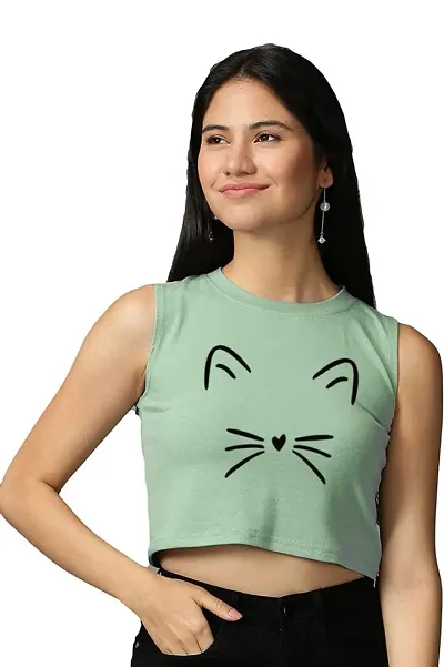 Elegant Green Cotton Blend Printed Crop Top For Women