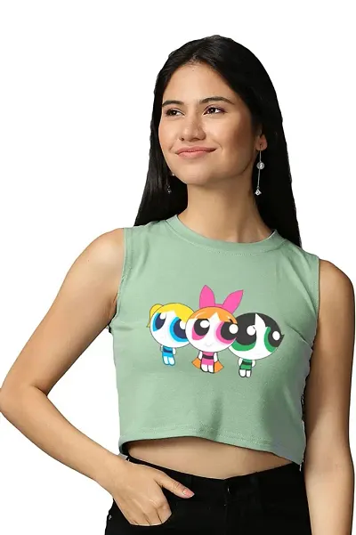 Elegant Green Cotton Blend Printed Crop Top For Women