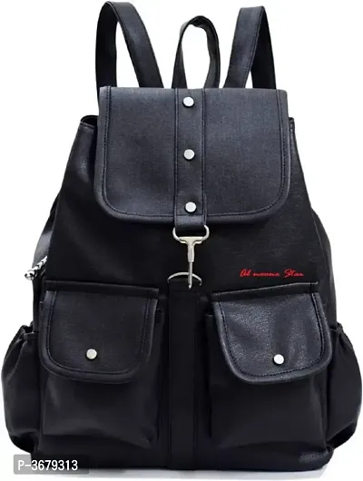 Women's PU Solid Regular Size Backpack (Black)