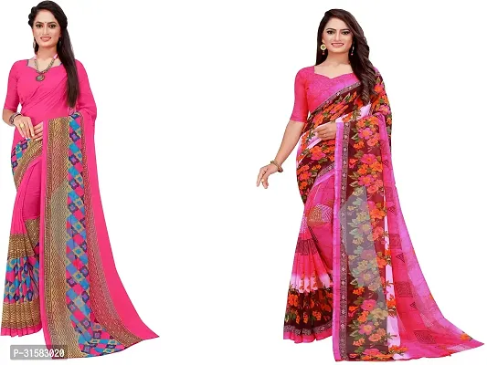 Stylish Pink Georgette Saree With Blouse Piece For Women Pack Of 2-thumb0