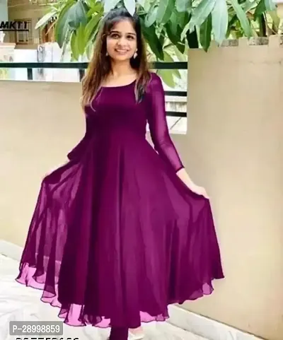 Elegant Cotton Purple Bell Sleeves Solid Gown For Women-thumb0