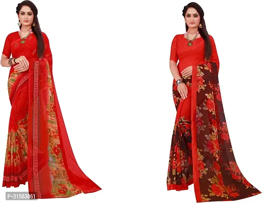 Stylish Red Georgette Saree With Blouse Piece For Women Pack Of 2