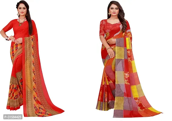 Stylish Red Georgette Saree With Blouse Piece For Women Pack Of 2-thumb0