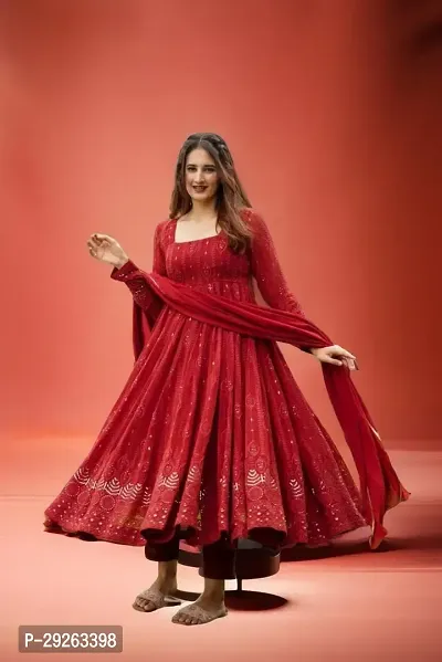 Stylish Red Georgette Stitched Gown With Dupatta For Women-thumb0