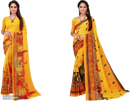 Stylish Yellow Georgette Saree With Blouse Piece For Women Pack Of 2-thumb0