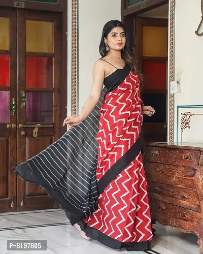 Women printed cotton mulmul saree (Red)-thumb3