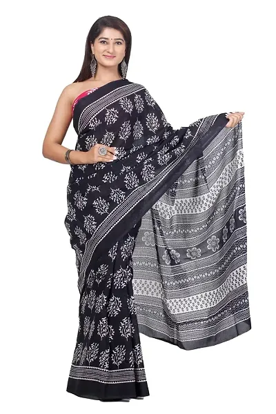 Women Mulmul saree for attached blouse piece set (Whiteb)