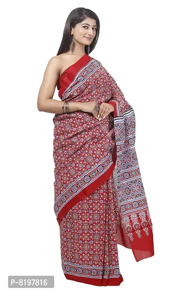 Women printed Mulmul saree for attached blouse piece set (Dred)-thumb0