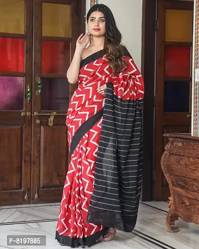 Women printed cotton mulmul saree (Red)-thumb4