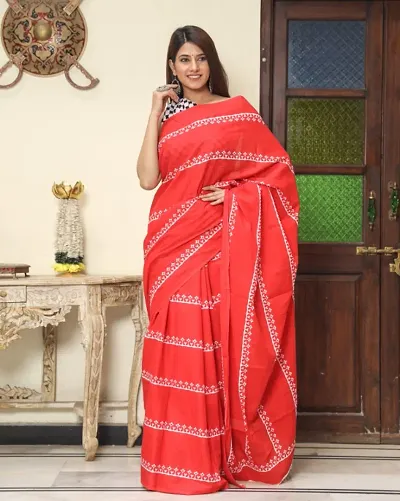 Hastkala Fab Women's Pure Mulmul Ikat Hand Block Saree with Unstitched Blouse Piece