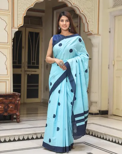 Women Mulmul Saree WIth Blouse Piece (Sky Blue)