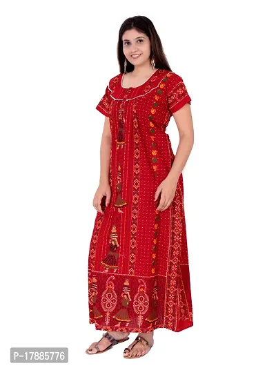 Fabtop Women's Pure Cotton Block Print Maxi Nighty(Red)-thumb3