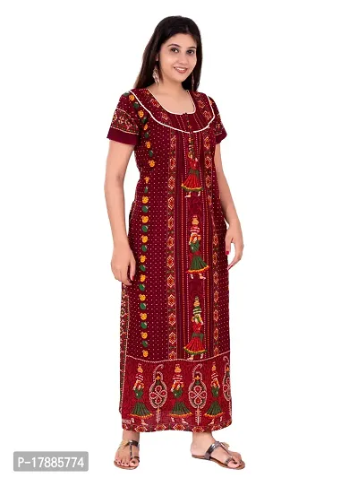 Fabtop Women's Pure Cotton Block Print Maxi Nighty(Maroon)-thumb3