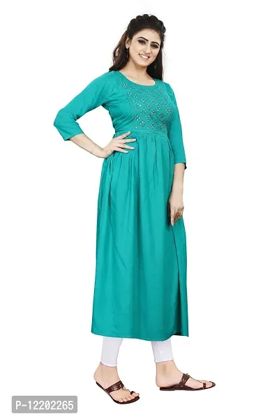 SENEGAL New Women's Rayon Kurti with Embroidery Work in Chest with Mirror Work Sea Green-thumb2