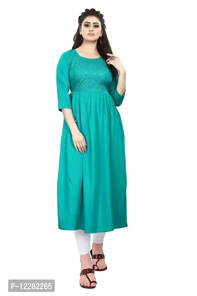 SENEGAL New Women's Rayon Kurti with Embroidery Work in Chest with Mirror Work Sea Green-thumb0